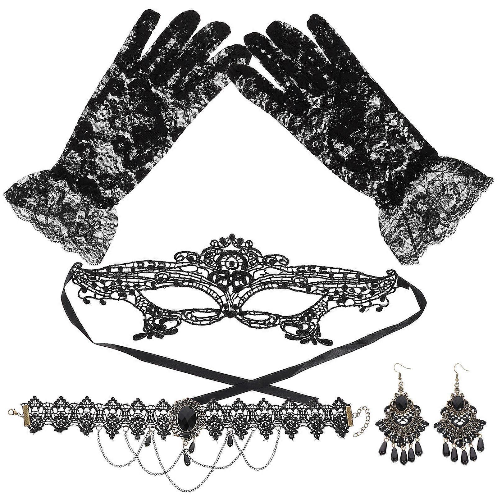 Lace Mask Gloves Necklace Earring Set Designed For Masquerade Events Costumes Suitable For Women And Girls Featuring Unique Black Lace Design 1 Set