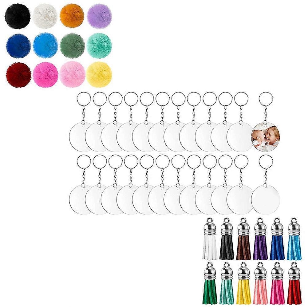 Acrylic Keychain Blanks for DIY Crafting 4Sets with Chain Tassel and Fluffy Ball