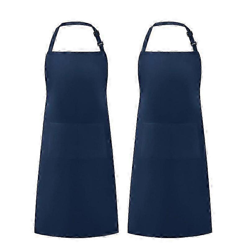 Adjustable Bib Apron with 2 Pockets - Adjustable Neck Strap with Extra Long Ties (Dark Blue)