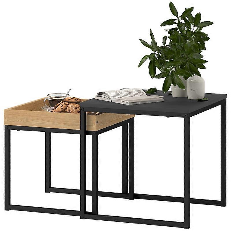 2Pc Modern Coffee Table Set Square Accent Black MDF Metal