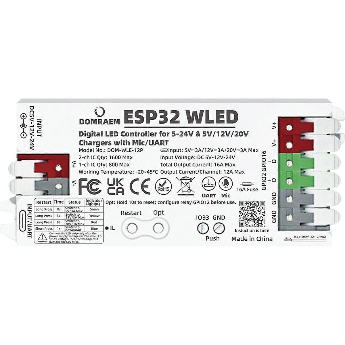 PD Powered ESP32 WLED Digital LED Controller with Mic/UART 16A Fuse for WS281X SK6812 APA102 Strips