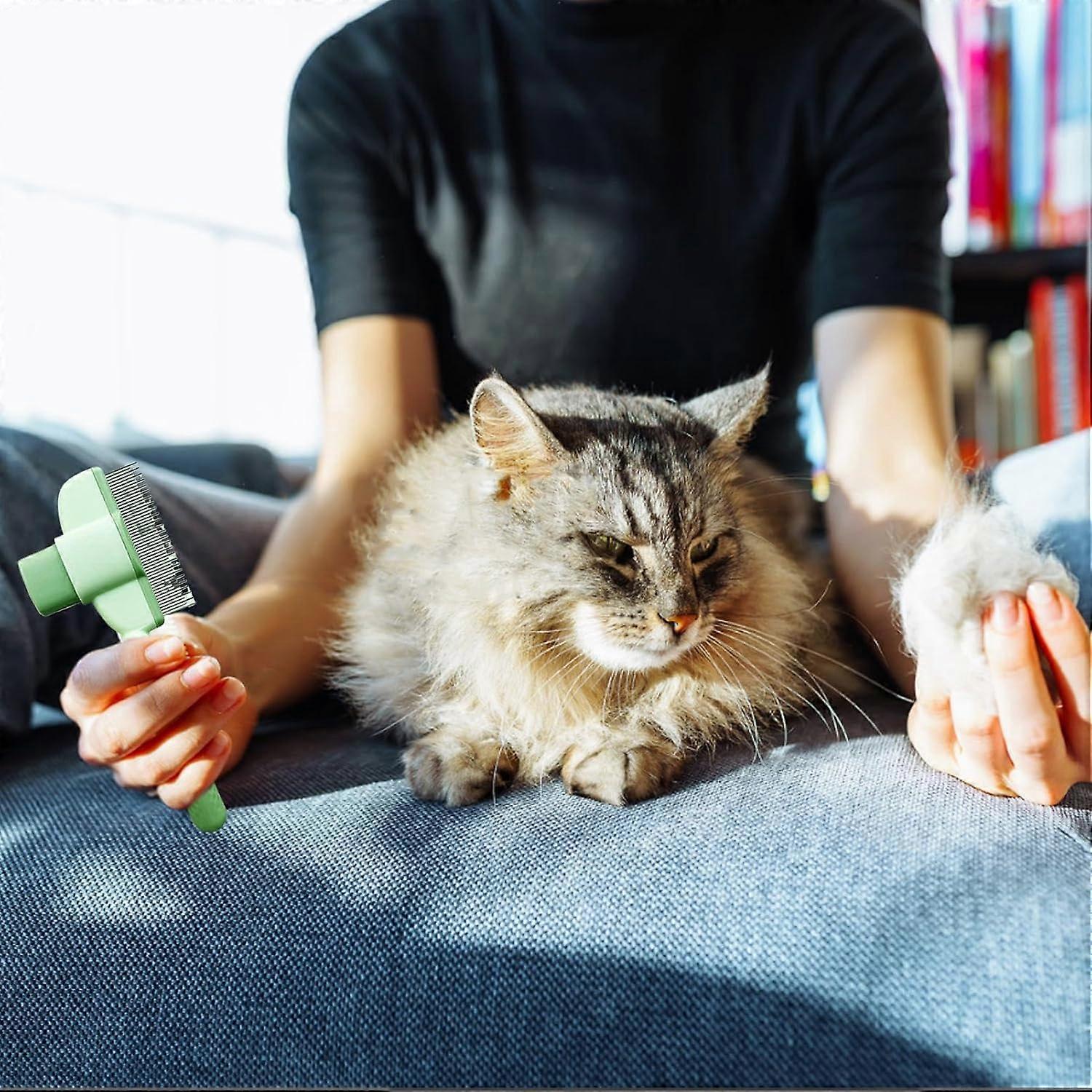 Dog Grooming Comb, Hair Removal Comb With Release Button, Dog And Cat Slicker Brush For Shedding, Ergonomic Green Handle