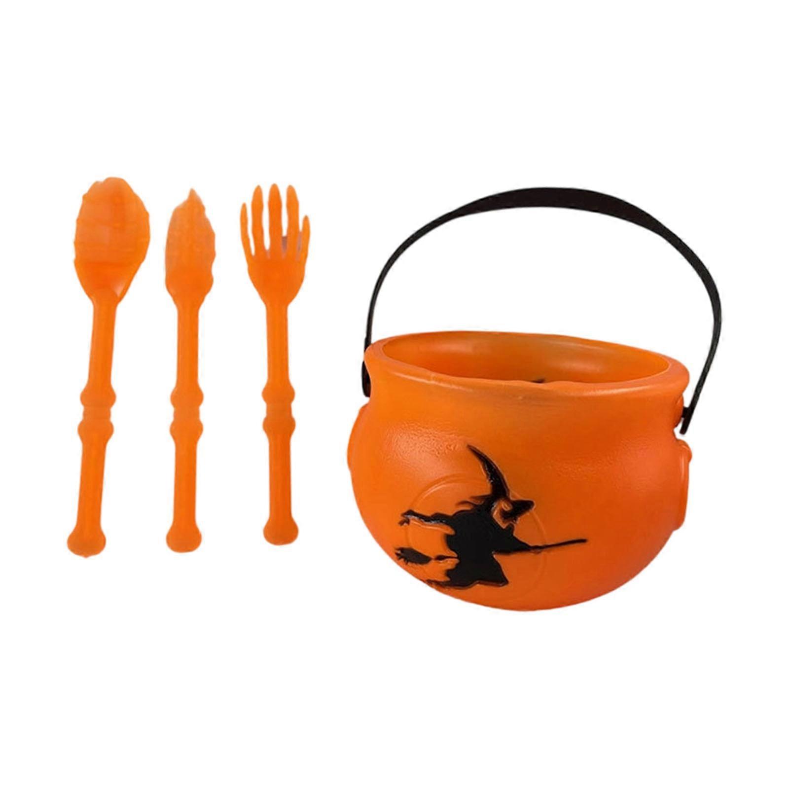 Portable Candy Bucket and Plastic Cutlery Set Halloween Witch Cauldron Treat Container With Handle For Themed Gathering  Orange