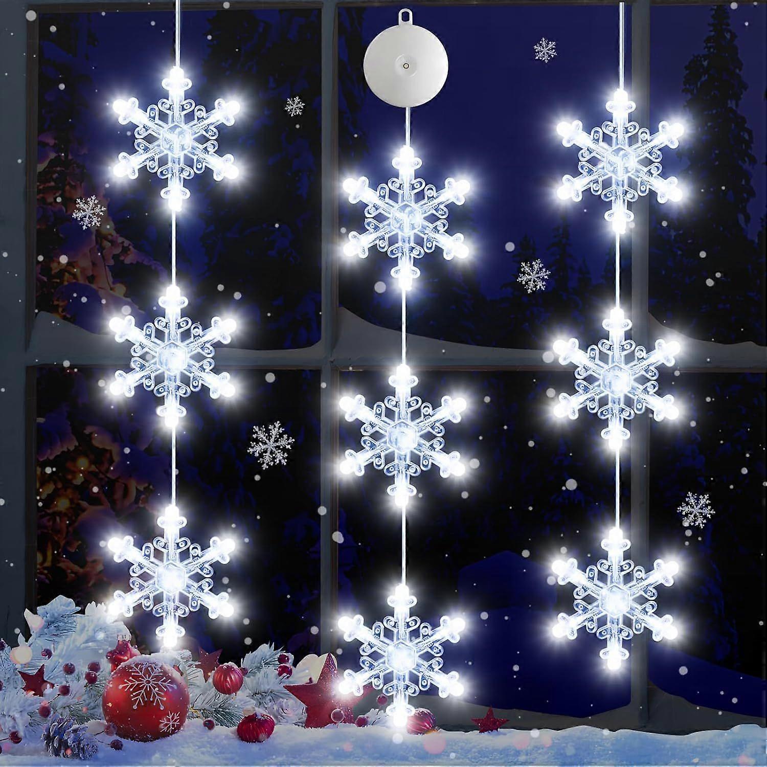 Timer 3Pcs Xmas Window Lights Decors, Battery-Pow Xmas Hanging White Lighted Snowflake Shaped LED Sucker String Lamp for Xmas Tree Fireplace Indoor De
