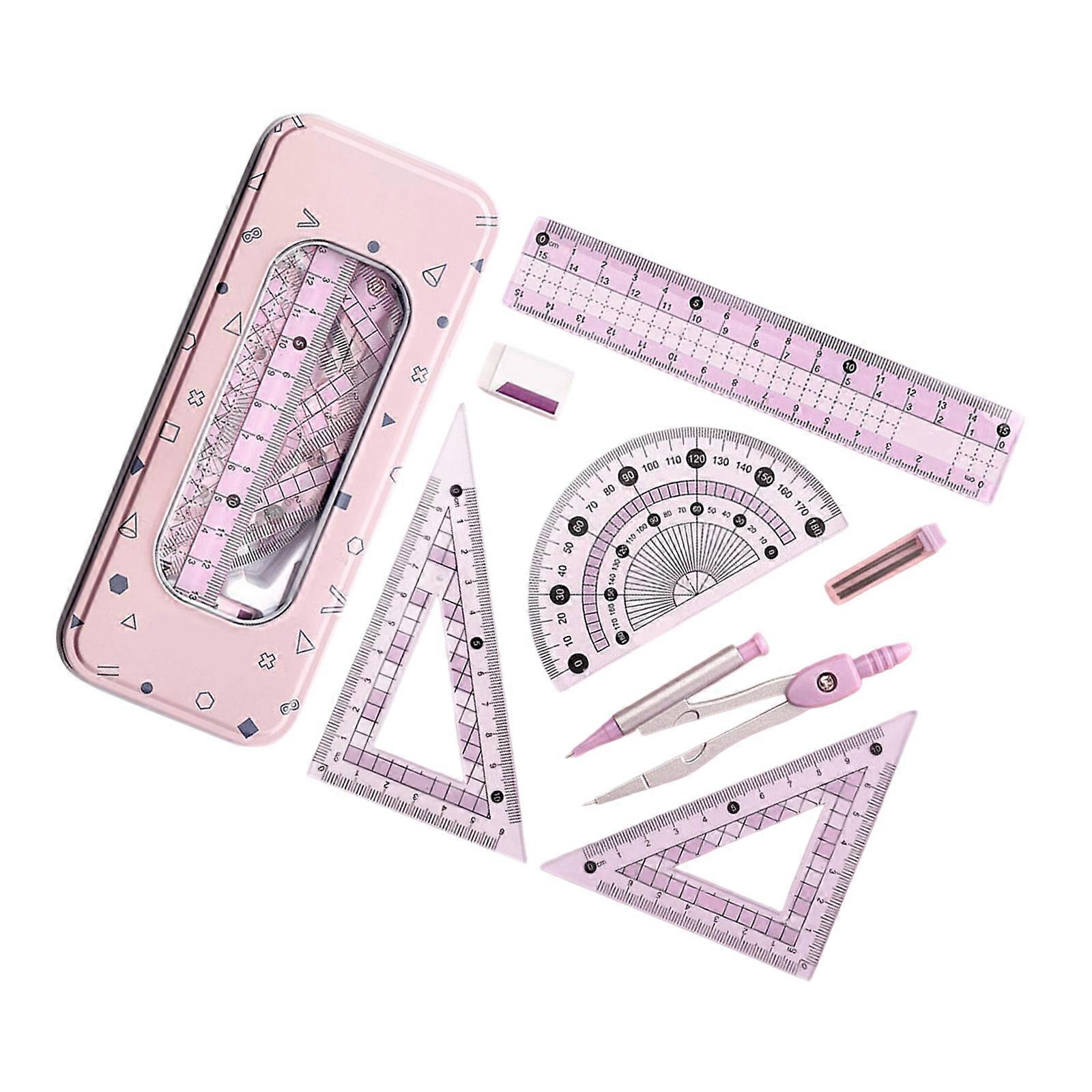 Multifunctional Drafting Tools Kits Including Compass Ruler Protractors Eraser For School Office Home Use In Organizers Box  Light pink