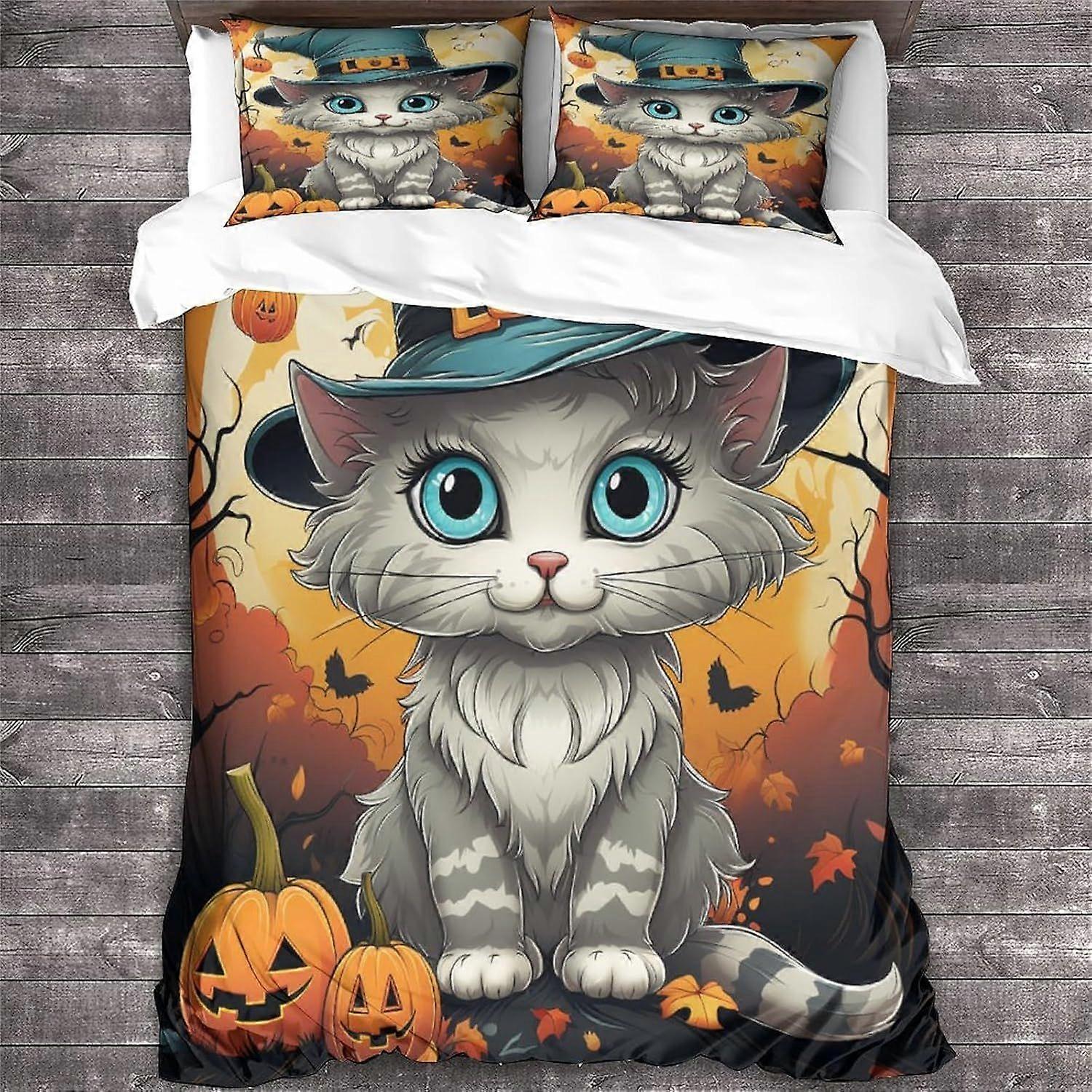 LikeEj 3 peças gato capa edredom com fronhas, animal print roupa de cama conjunto com fecho de zíper, Halloween colcha capa rei