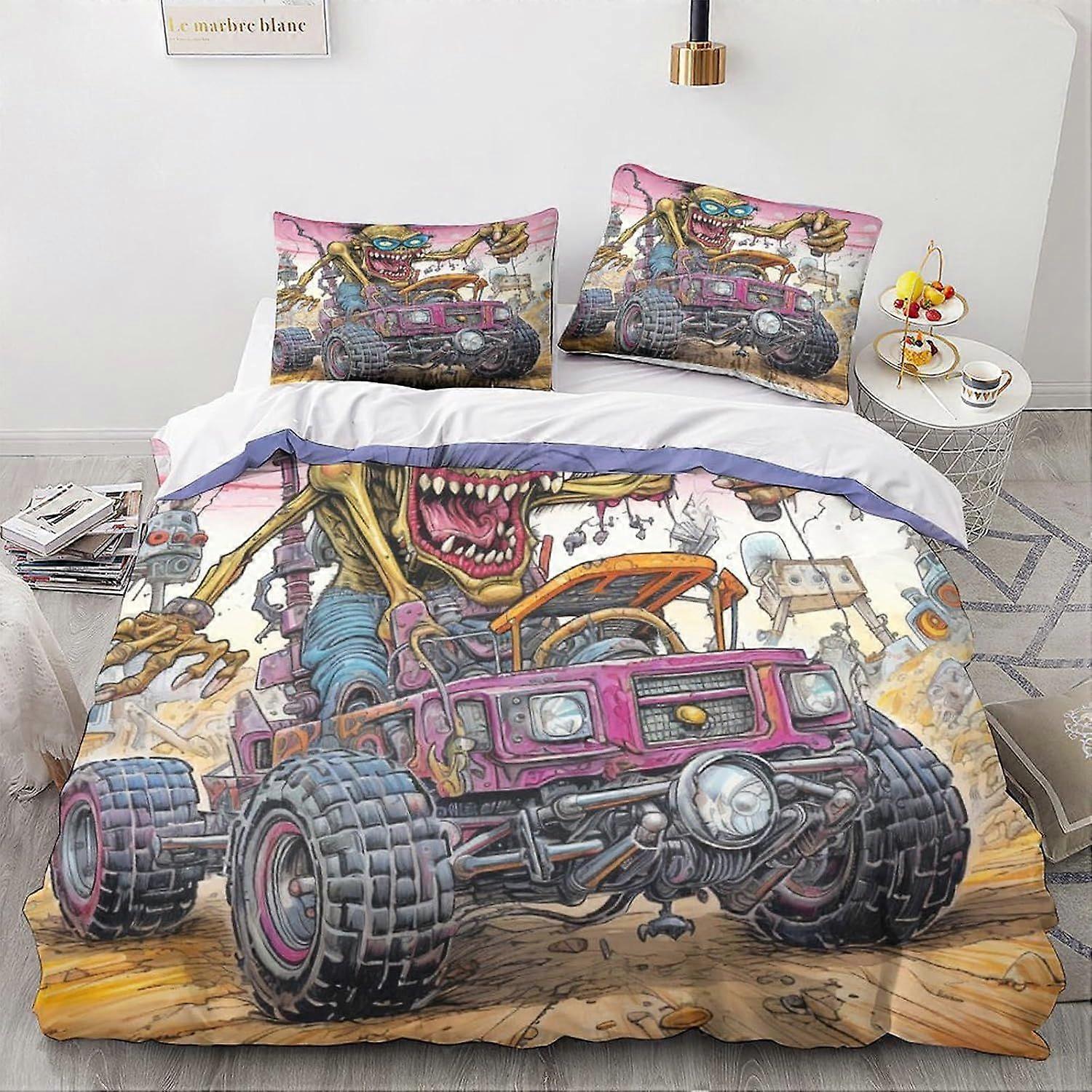 LikeEj monstro edredom capa conjunto, vintage carro cama edredom capa edredom 3D colcha capa desenhos animados decoração rei