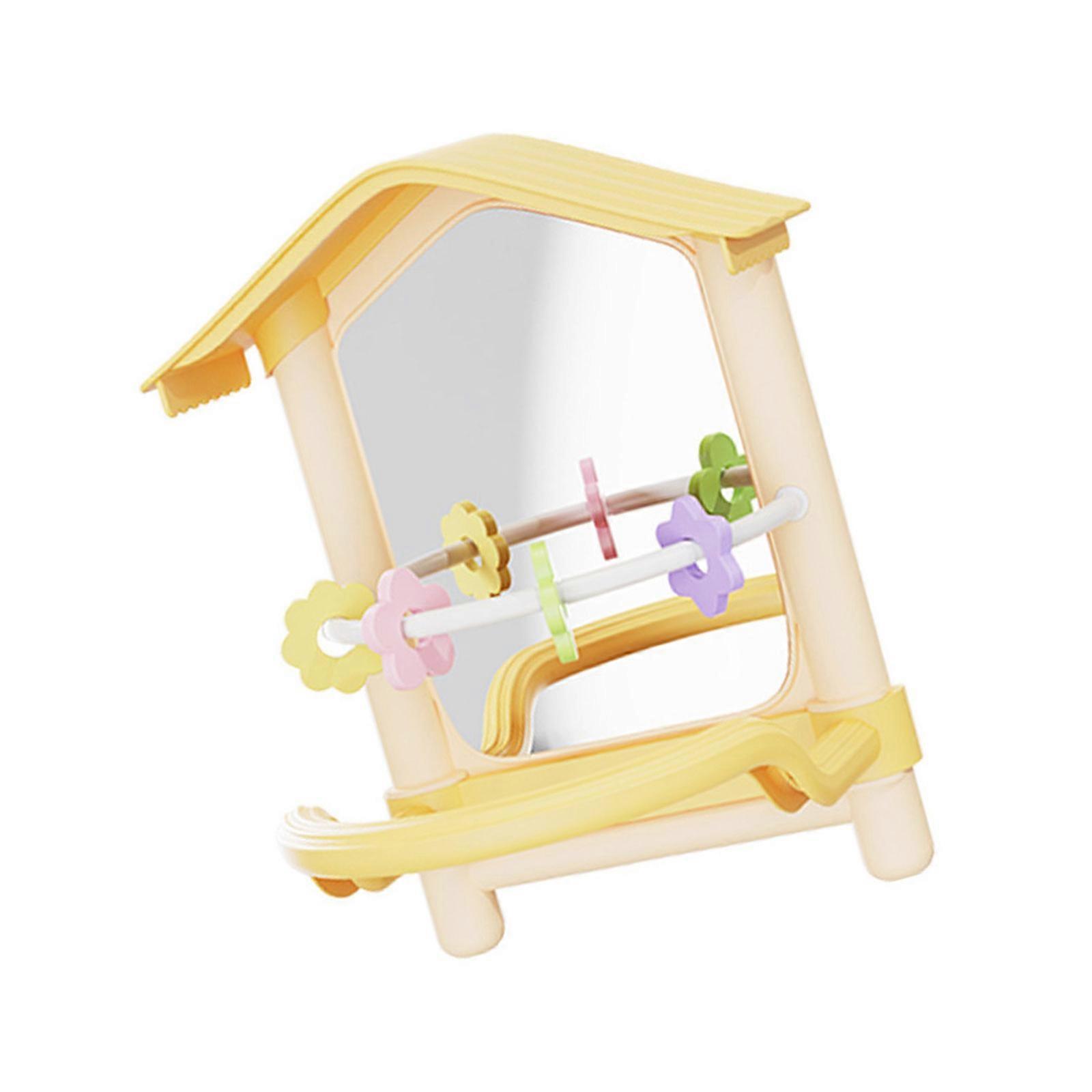 Interactive Bird Mirror Chewing Exercise Toy Durable Plastic Cage Accompaniment  Yellow