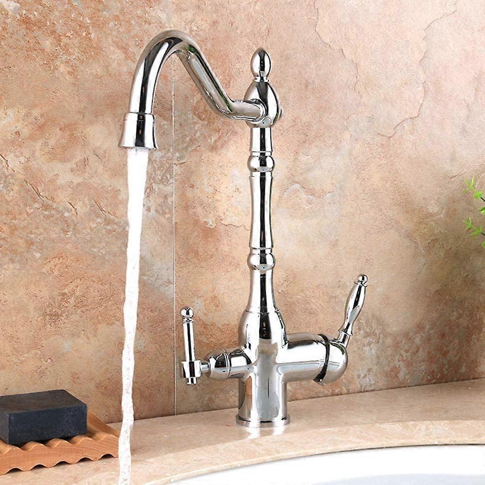3Way Kitchen Mixer Tap with Rotatable Spout for Sink Water Filter System, Chrome Finish