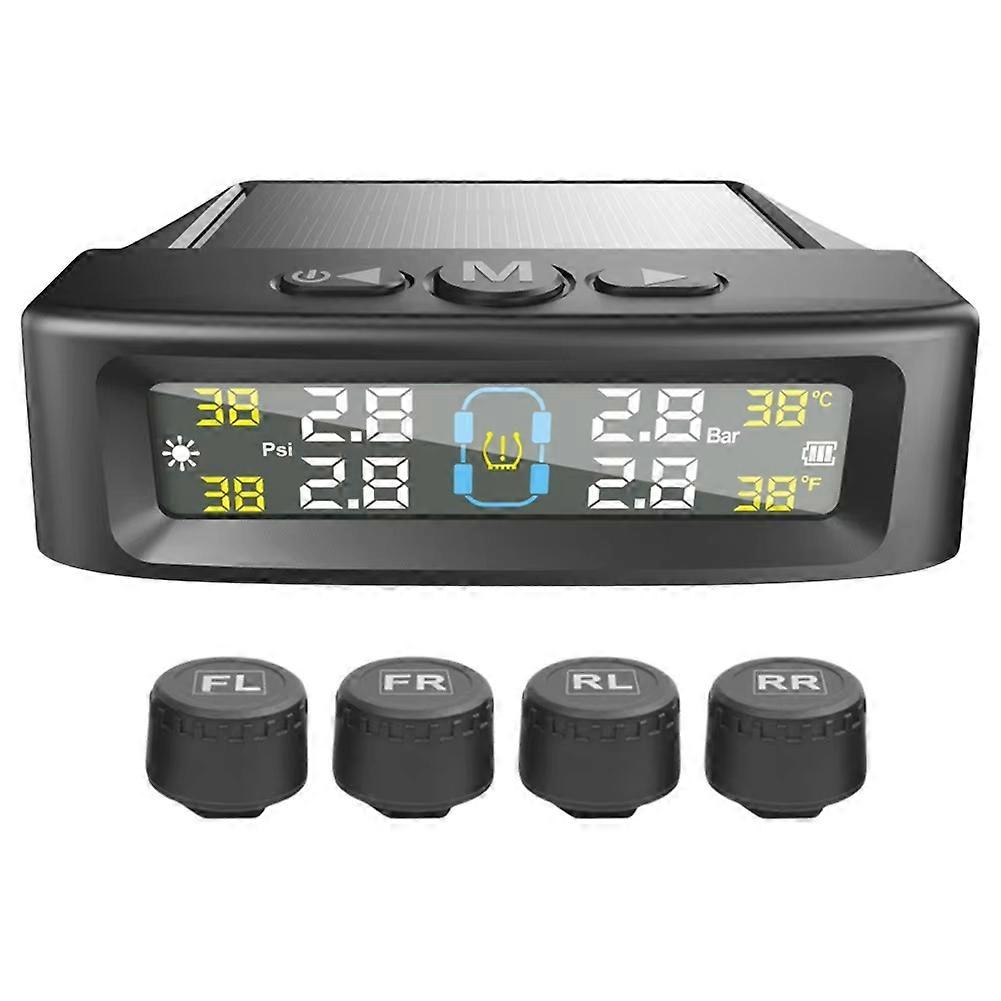 T12 TPMS Tire Pressure Monitoring System for Cars Real Time Display Solar/USB Charging with 4 Extern