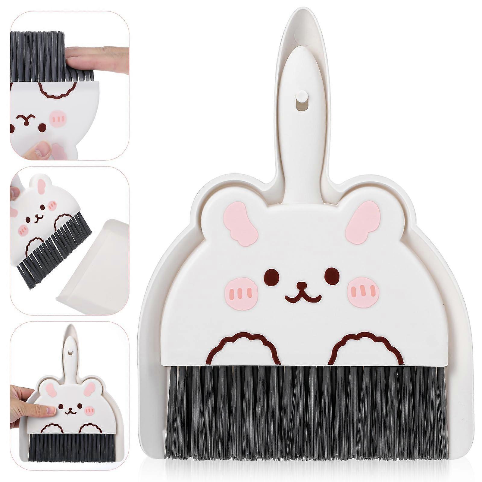 Portable Mini Dustpan and Brush Set for Desktop and Small Space Cleaning, White Rabbit Design