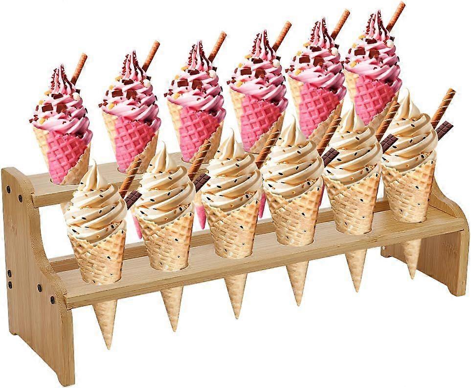 Bamboo Ice Cream Display Stand 2-Tier Ice Cream Cone Holder with 12 Holes Wheat Color Wood Waffle Cone Display Stand Ice-cream Display Riser Stands fo