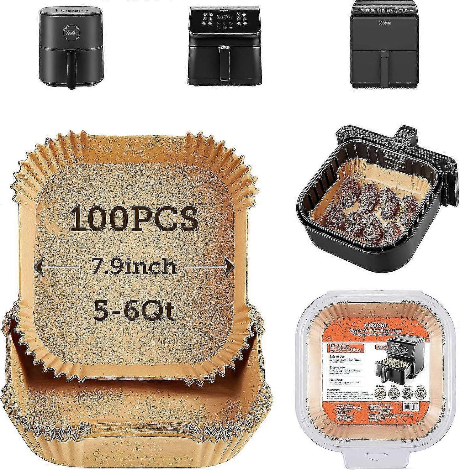 Compatible avec Cosori - 100 pièces de tapis de cuisson carrés jetables pour friteuse à air, non blanchis, de qualité alimentaire, antiadhésifs et faciles à nettoyer