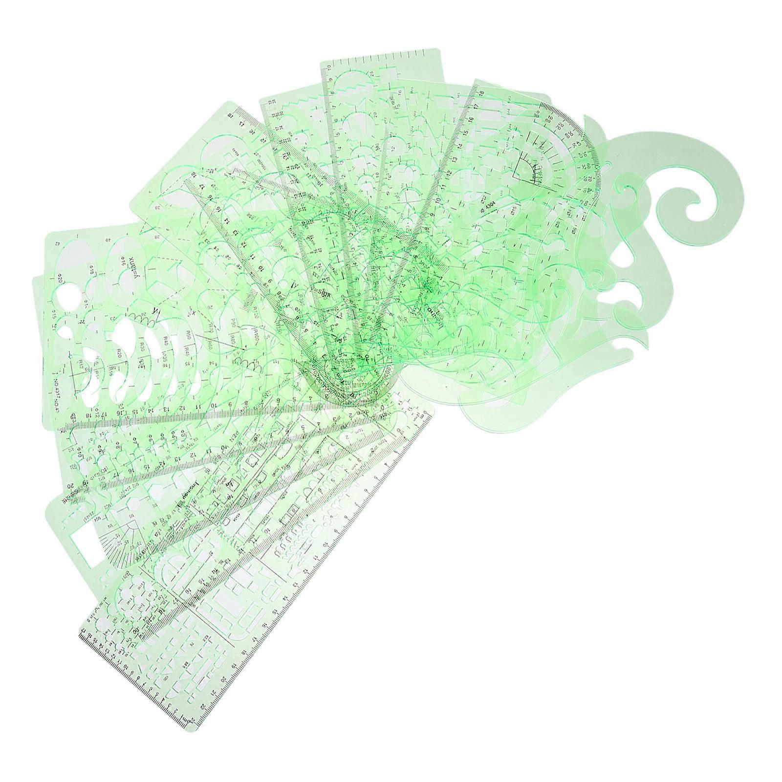 15Pcs Architectural Templates Measuring Ruler Set For School Studying And Office Use In Light Green Plastic For Precision Measurement