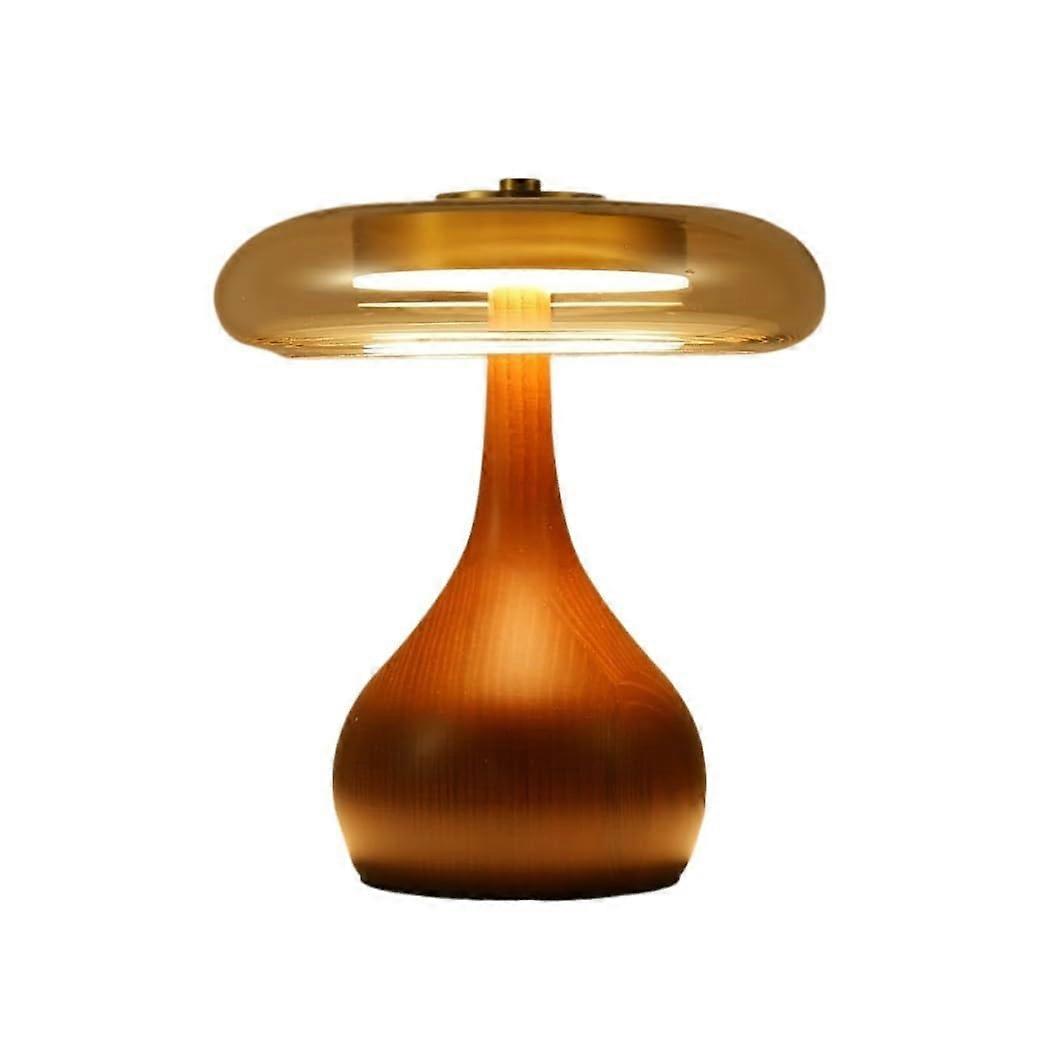Mushroom Table Lamp with Wooden Base, Amber Glass Shade, Adjustable Brightness for Bedroom or Desk