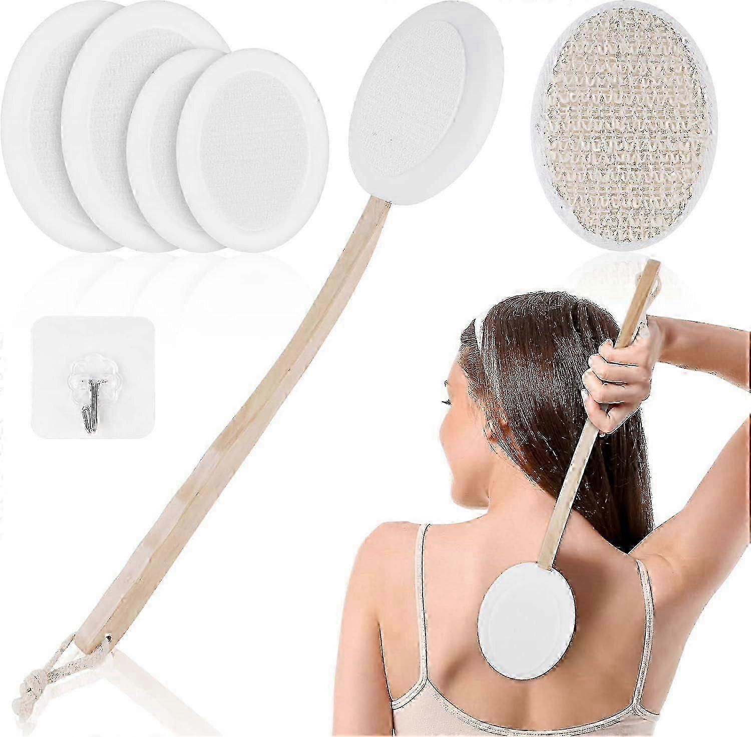 Back Cream Applicator, Back and Body Lotion Applicator with 4 Replaceable Brush Heads and 1 Hook, Long Handle Bath Brush Shower Massage Brush