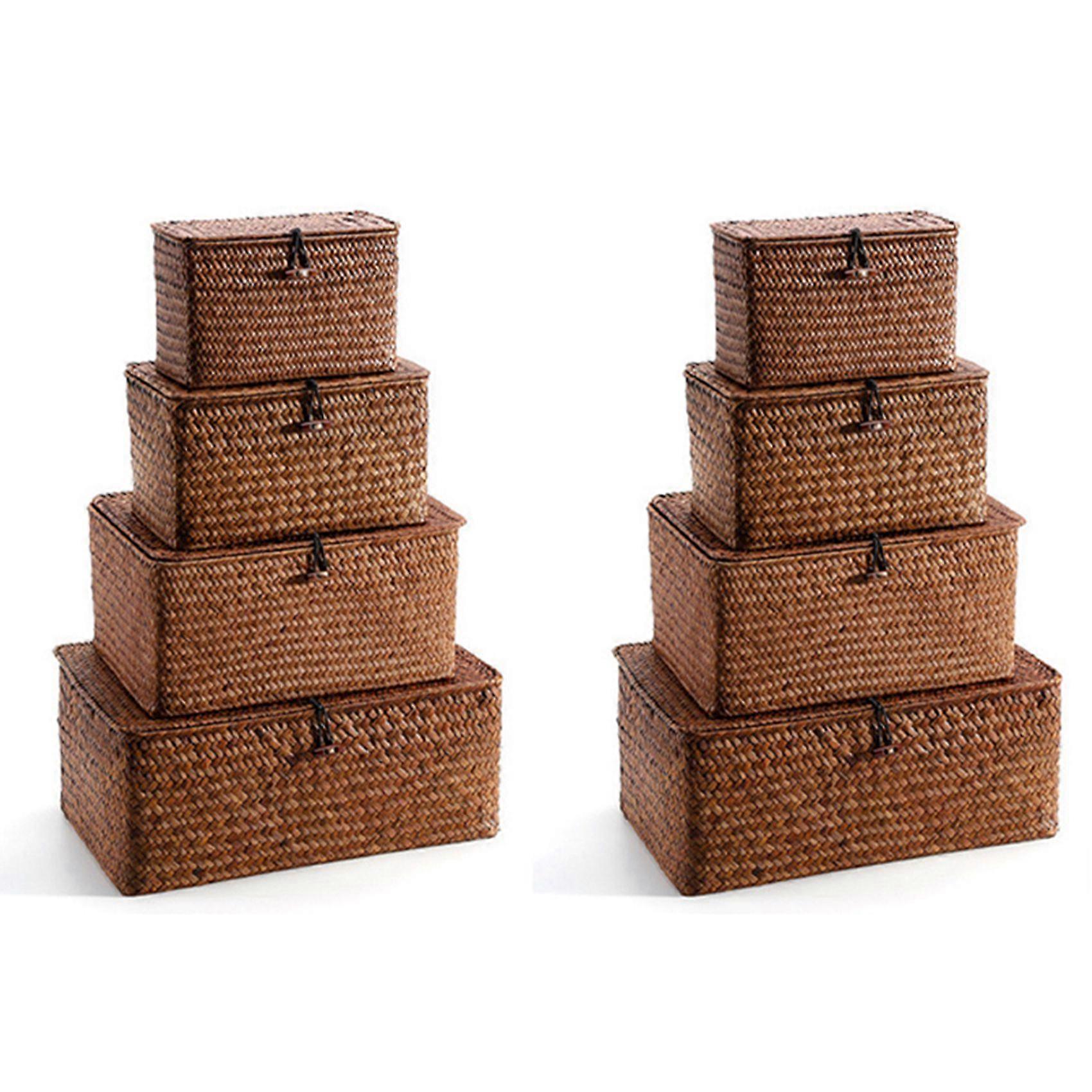 Woven Straw Storage Bins with Lid - Set of 8 - Rectangular Seagrass Basket/Storage Basket for Shelf Organizer