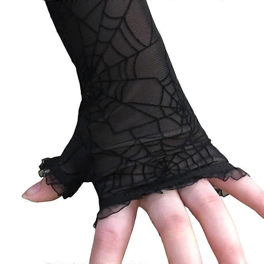 Gothic Punk Spider Web Long Fingerless Lace Gloves for Dance Performance