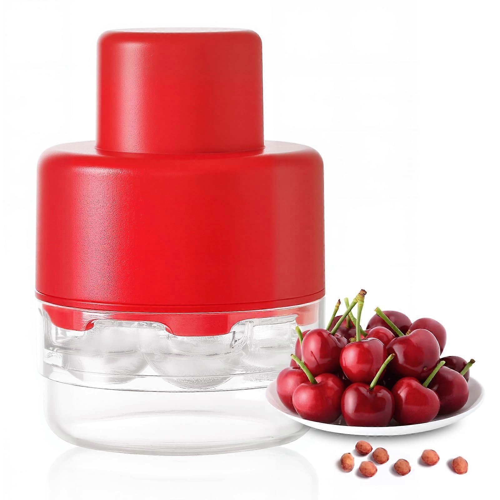 7in1 Cherry Pitter Tool with Quick Pushrod, Pits Seven Fruits at Once, Bright Red for Kitchen Use