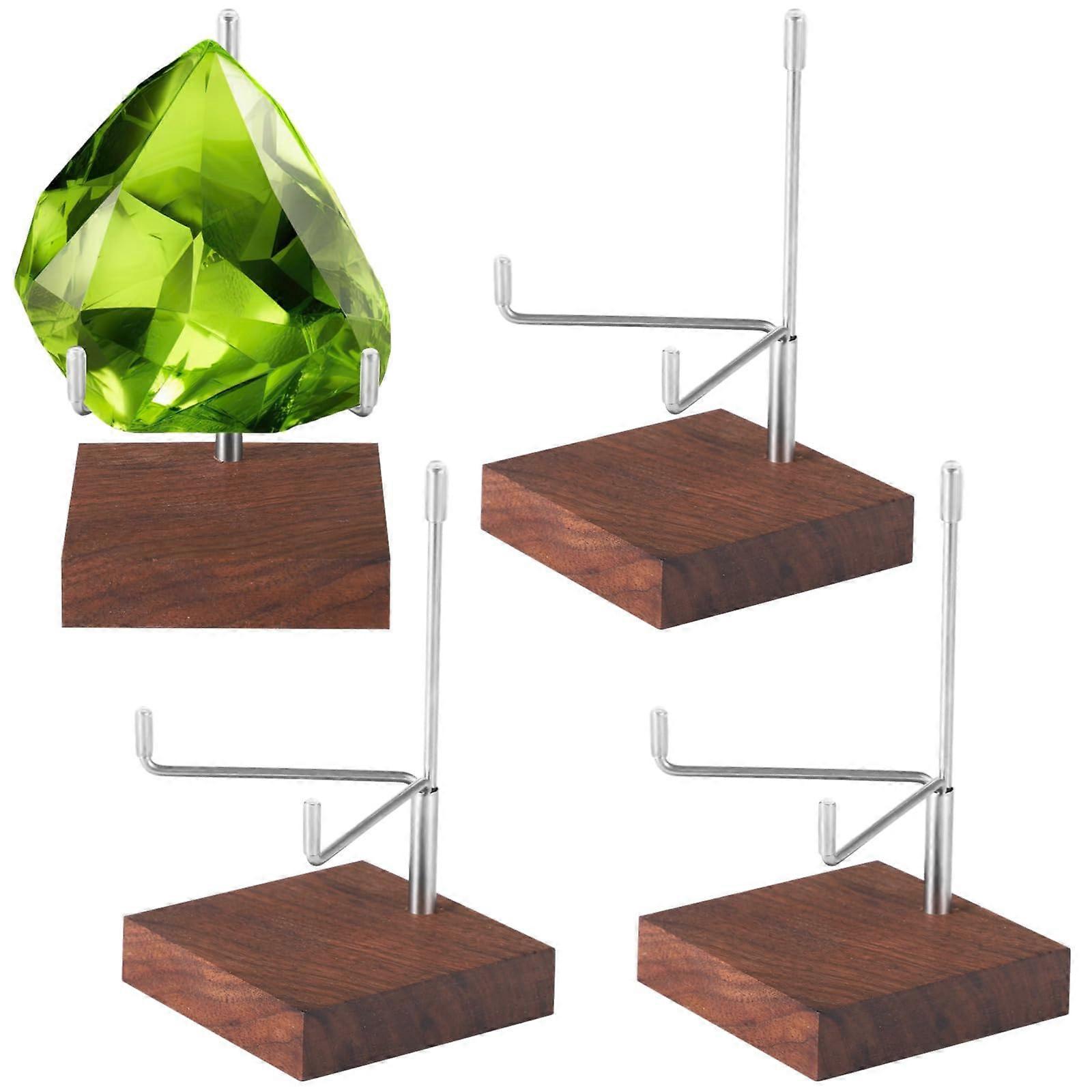 Crystal Display Stand Set of 4 Walnut Wood with Adjustable Metal Arms for Rocks and Geodes