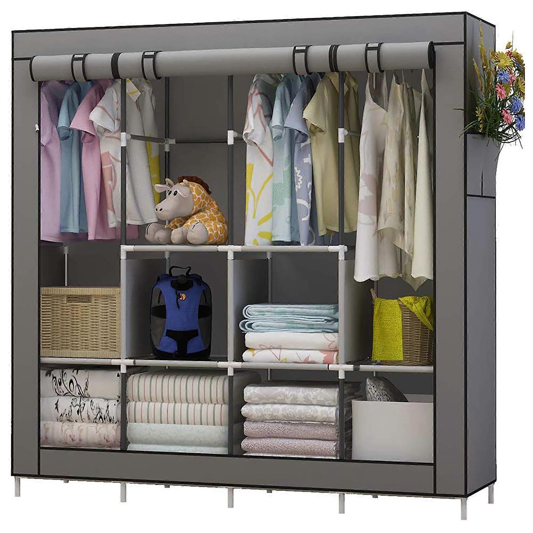 Large Portable Wardrobe Closet with Hanging Sections, Shelves and Side Pockets, Grey Ref:5413