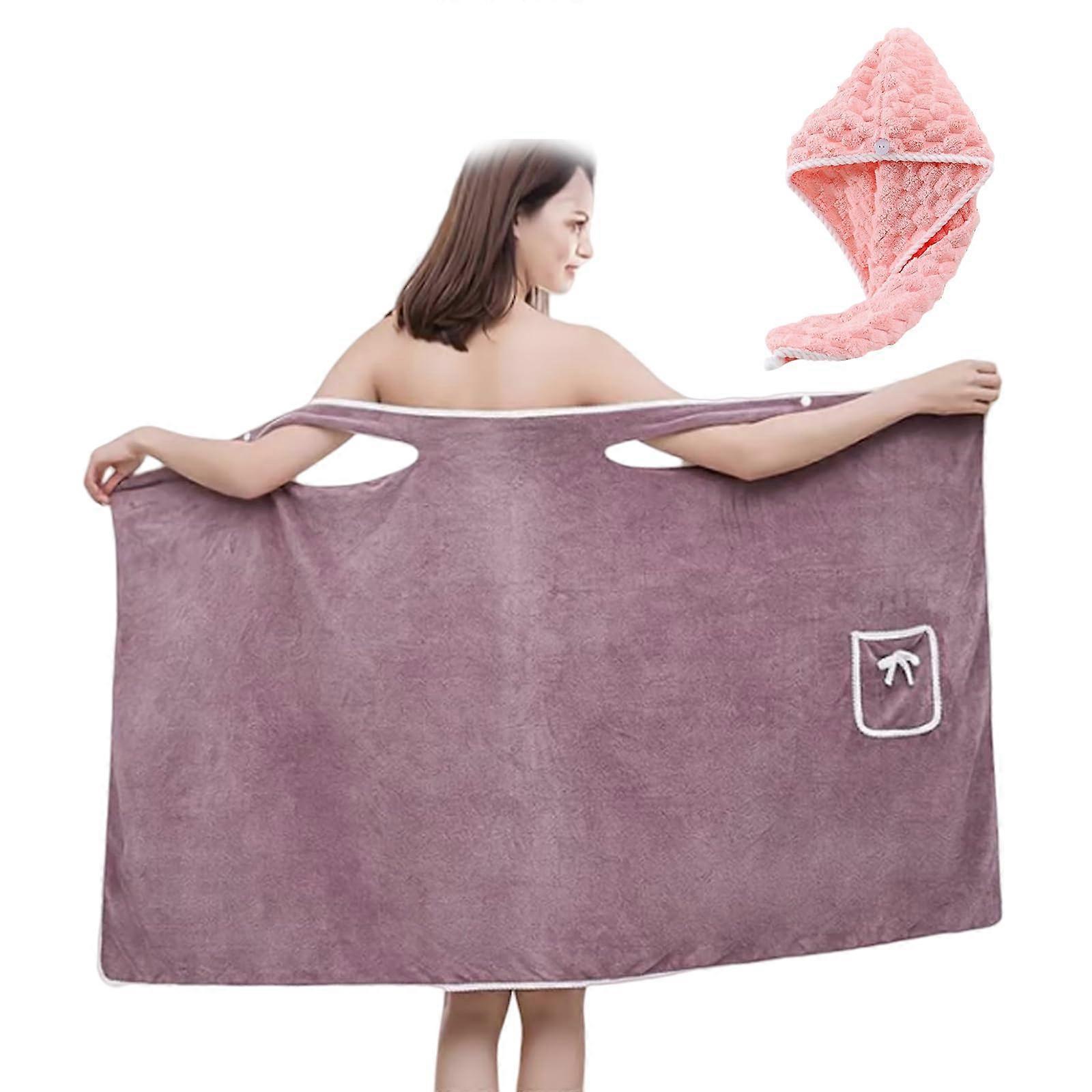 Plus Size Bath Wrap and Shower Cap Set, QuickDry Adjustable Microfiber Skirt for Women, Bean Paste Purple