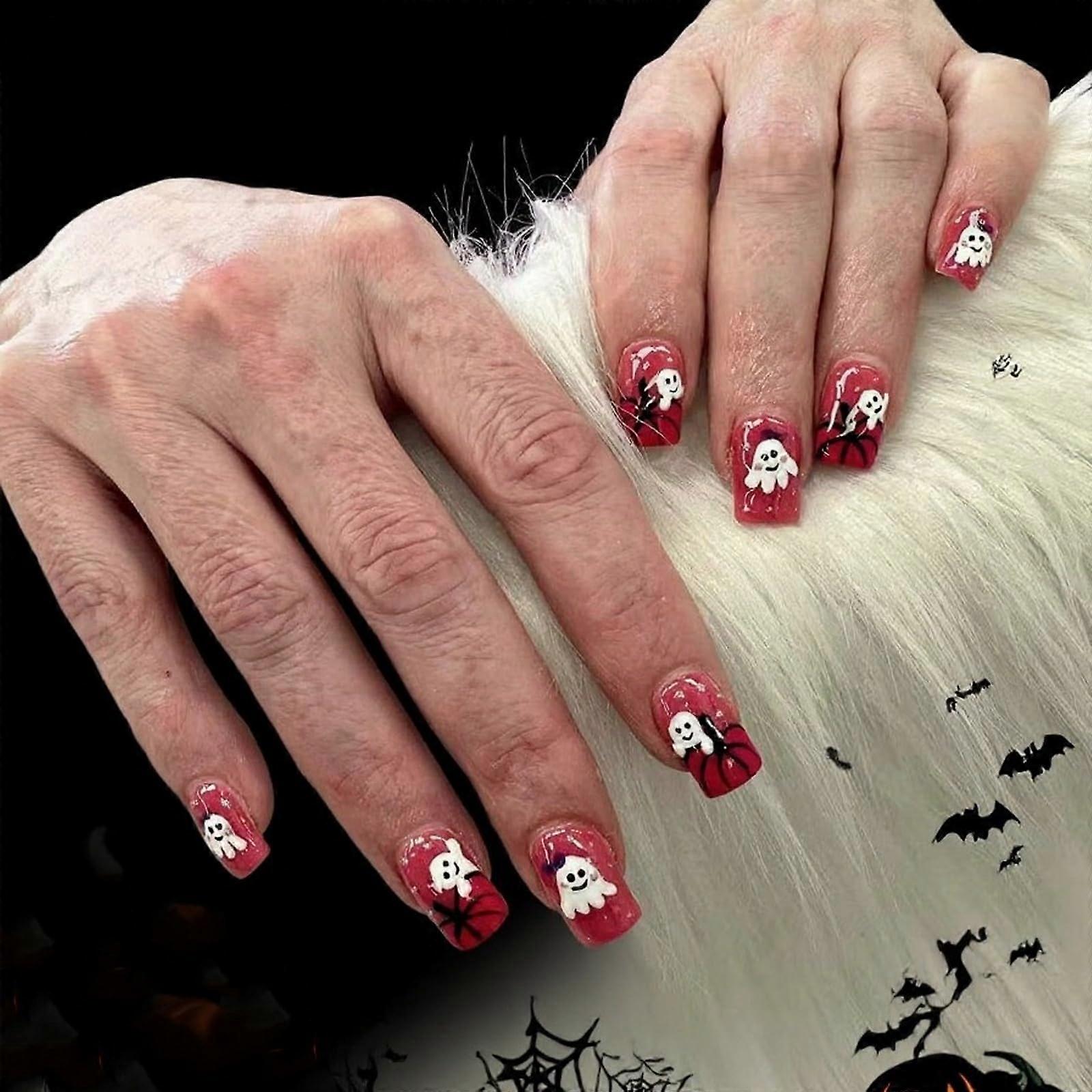 Halloween Press On Nails Medium Square Pink Ghost Pumpkin Design False Nails Kit 24Pcs Reusable