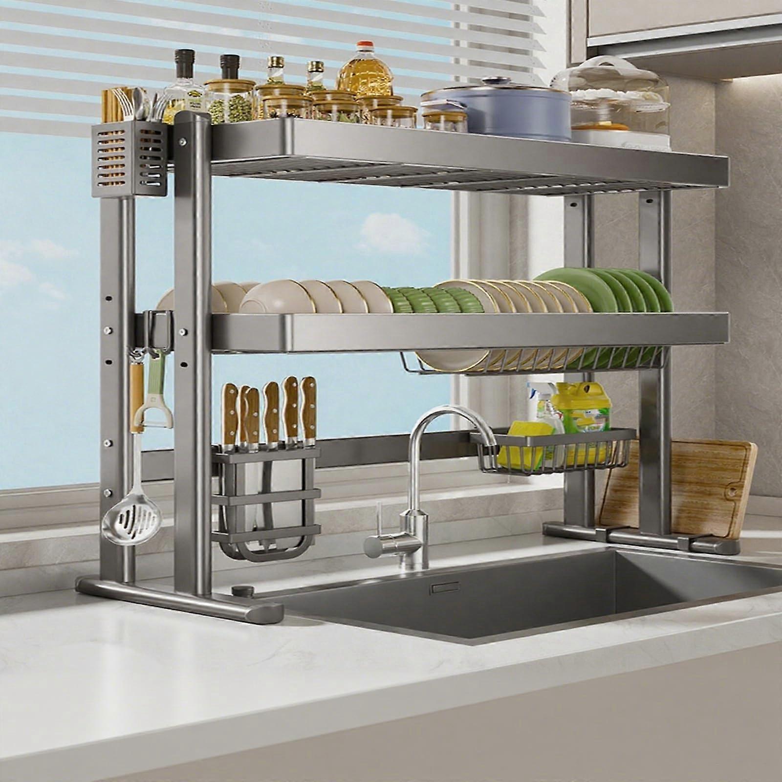 Over Sink Dish Drying Rack 2 Tier Rustproof Large Capacity with Utensil Holder for Kitchen