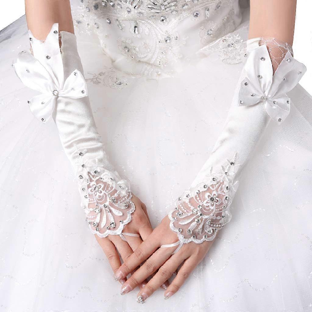 Bridal Fingerless Lace Gloves Elbow Length Floral Patchwork with Big Bowknot for Wedding