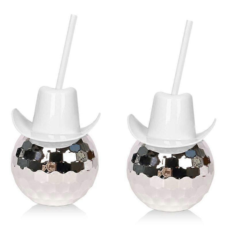 2Pcs Disco Ball Cups with Straw, Silver+White