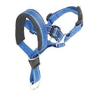 Verstelbare, ademende muilkorf voor honden met reflecterende strepen en anti-trekhalsband, maat XL, blauw.