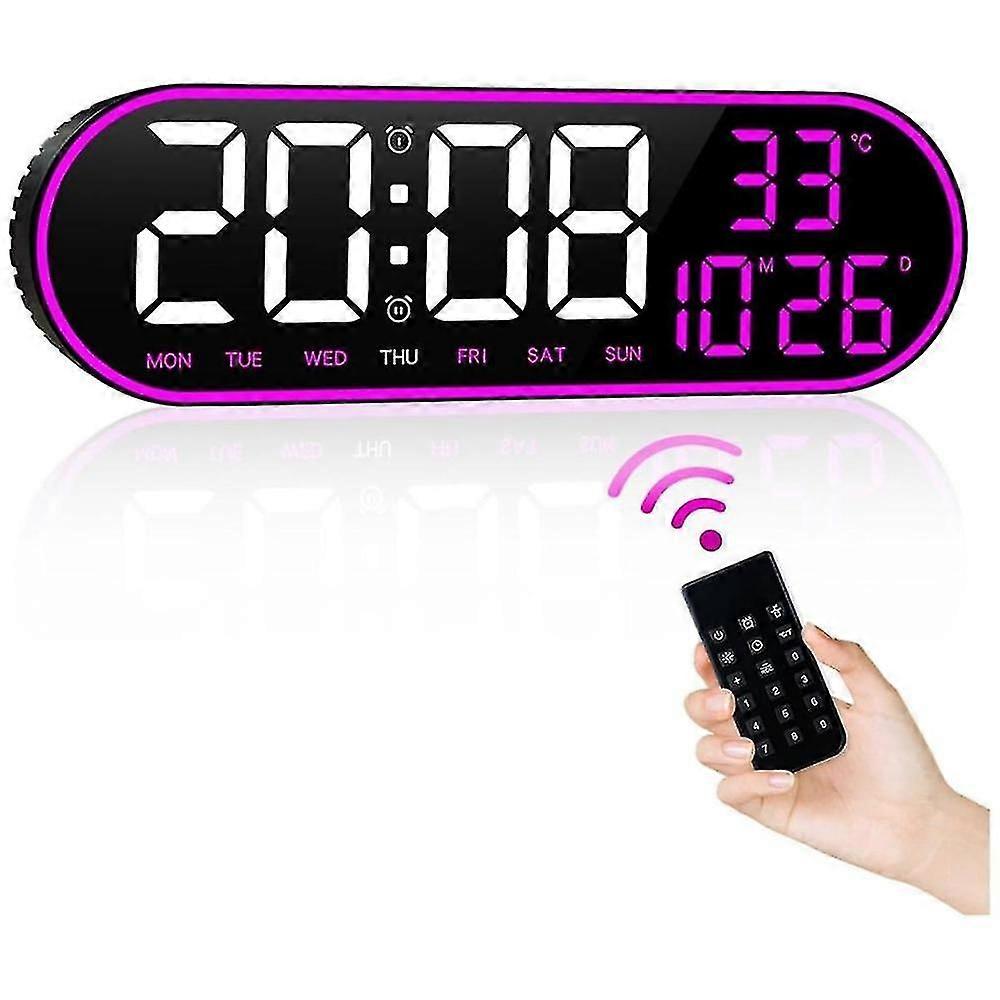 Digital Wall Clock Display, 15inch Clock With Time Date Temp Week, Timer, 1auto-dimming, Led Digital Clock Purple