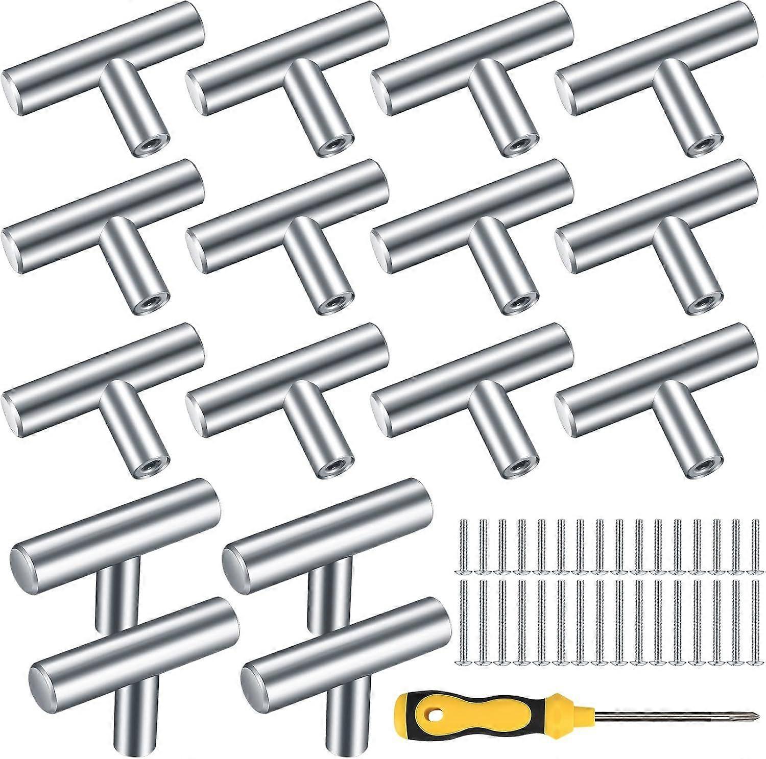 Kigniote 16PCS Cabinet T Bar Handle Chrome Kitchen Drawer Knobs Handles Silver Cupboard Knobs Stainless Steel Kitchen Knobs Metal Drawer Pulls(Screws 
