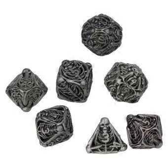 7pcs Hollow Skull Pattern Dice Portable Exquisite Metal Polyhedral Dice Set Props for Board Card Game Antique Silver