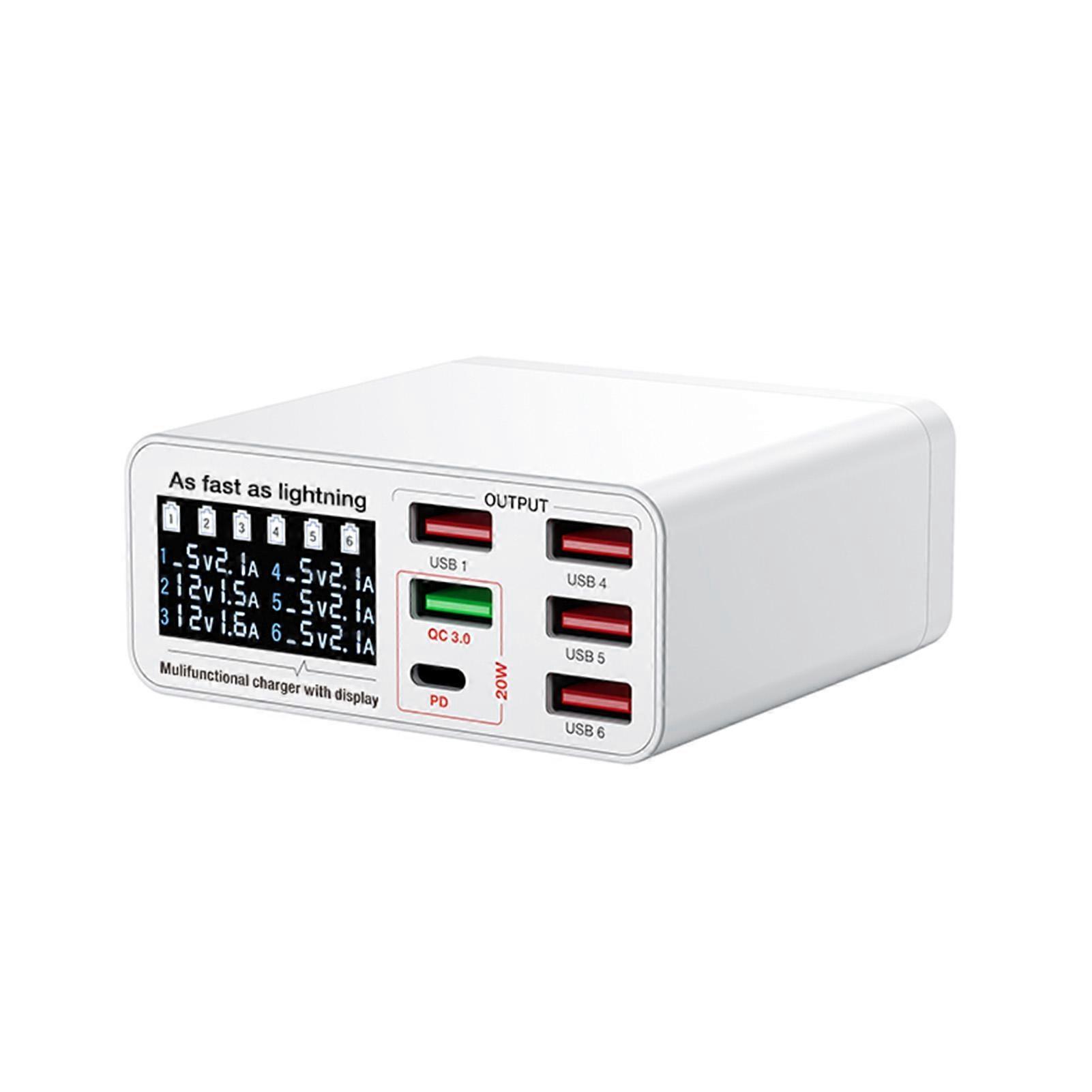 6 Port Multi function Desktop Charging Station with Smart Display USB Charger for Multiple Devices EU Plug
