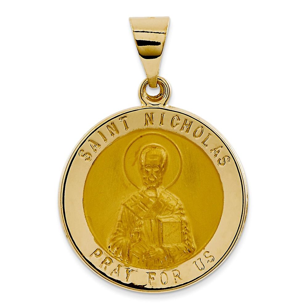 Or jaune 14 carats creux satin dos poli et satiné Saint-Nicolas médaille pendentif collier 21x19mm large-pendentif pour femme