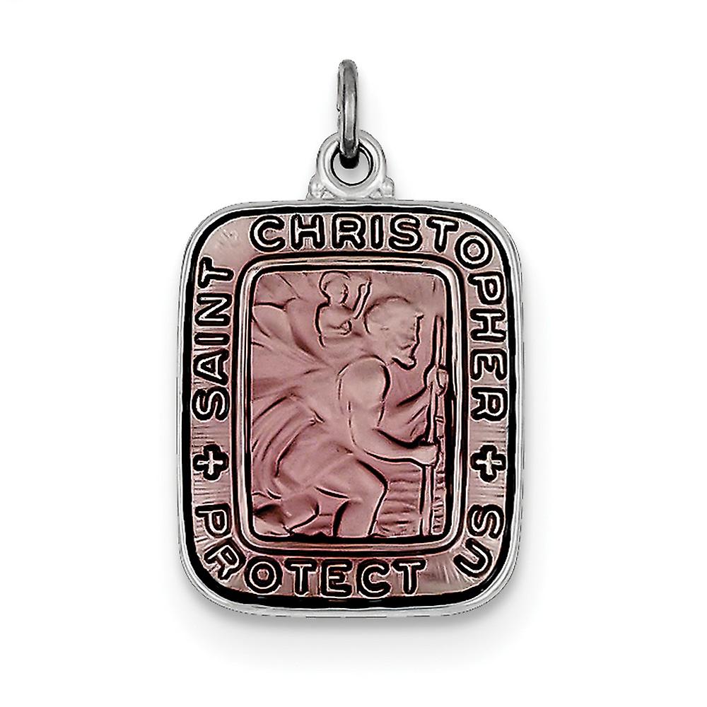 925 Sterling Silver Satin Back Pink Enamel Square St. Christopher Medal Pendant Necklace 25x15mm Wide-Pendant for Women