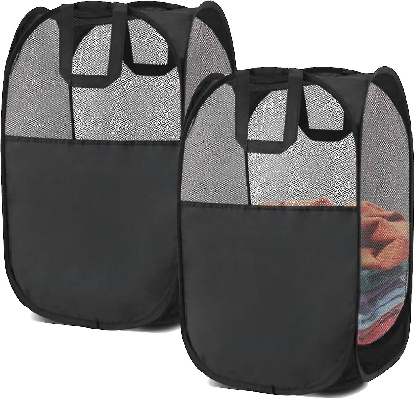 2 Laundry Baskets, pop-up Laundry Baskets, Foldable mesh Laundry Baskets (Each with 2 Reinforced Handles), Black