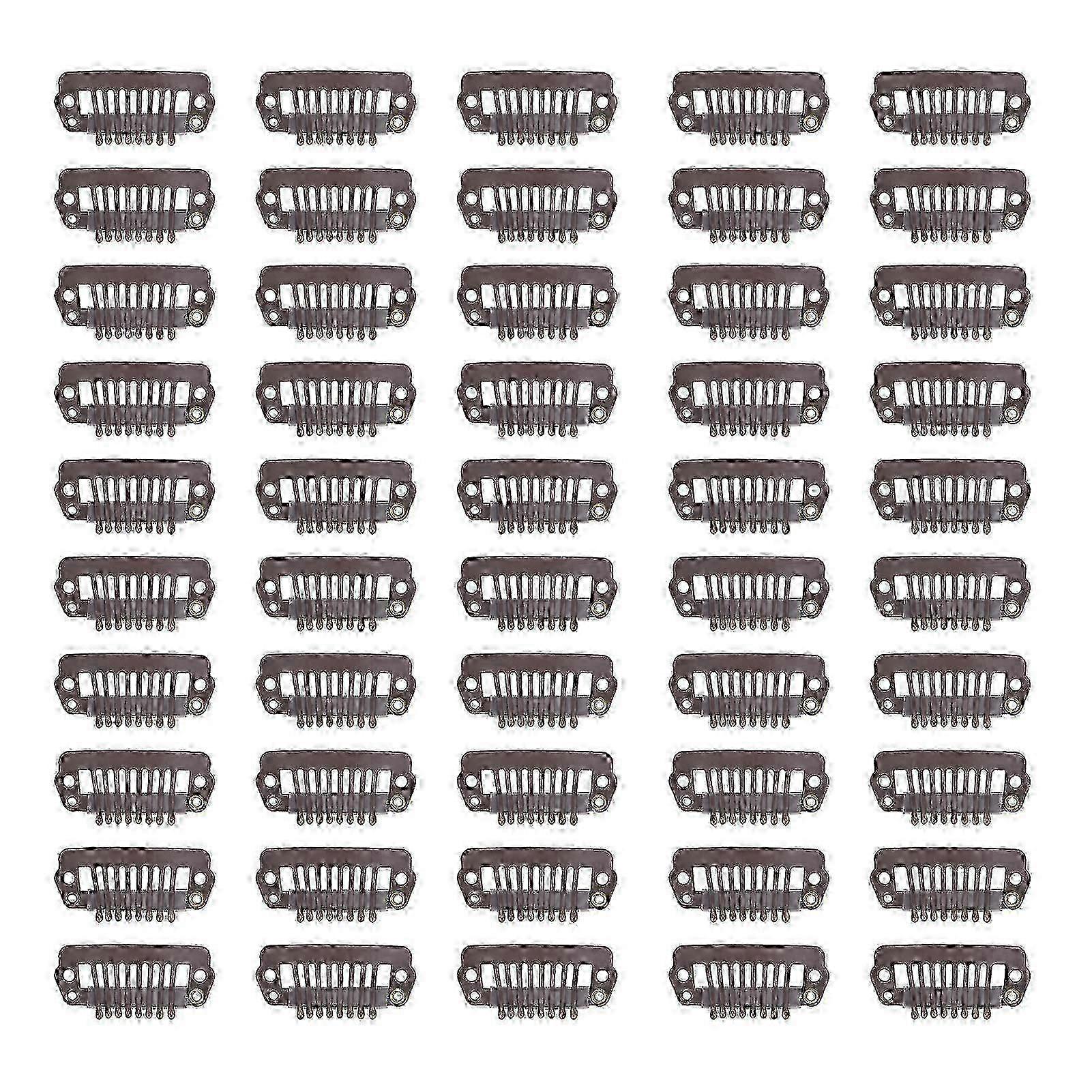 50 pcs 8 dents Snap Comb Wig Clips en acier inoxydable Snap Clips avec accessoire en caoutchouc pour extensions de cheveux Perruques brun foncé