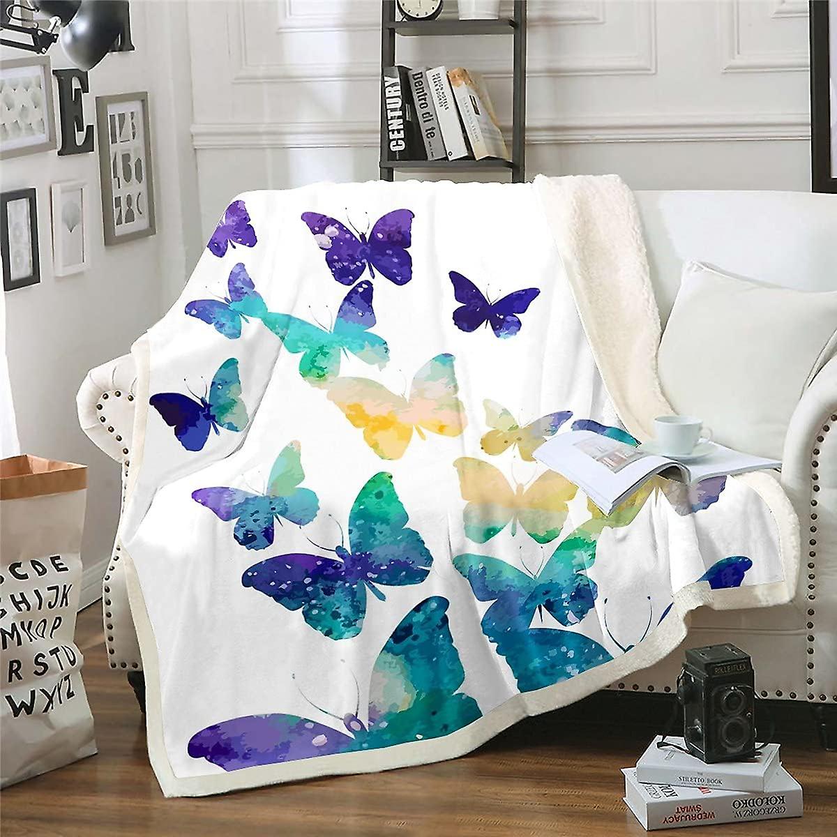 Butterfly Sherpa Blanket Butterflies Fleece Throw Blanket D Animal Plush Blanket for Bed Sofa Blue Warm Fuzzy Blanket Baby ABD25332