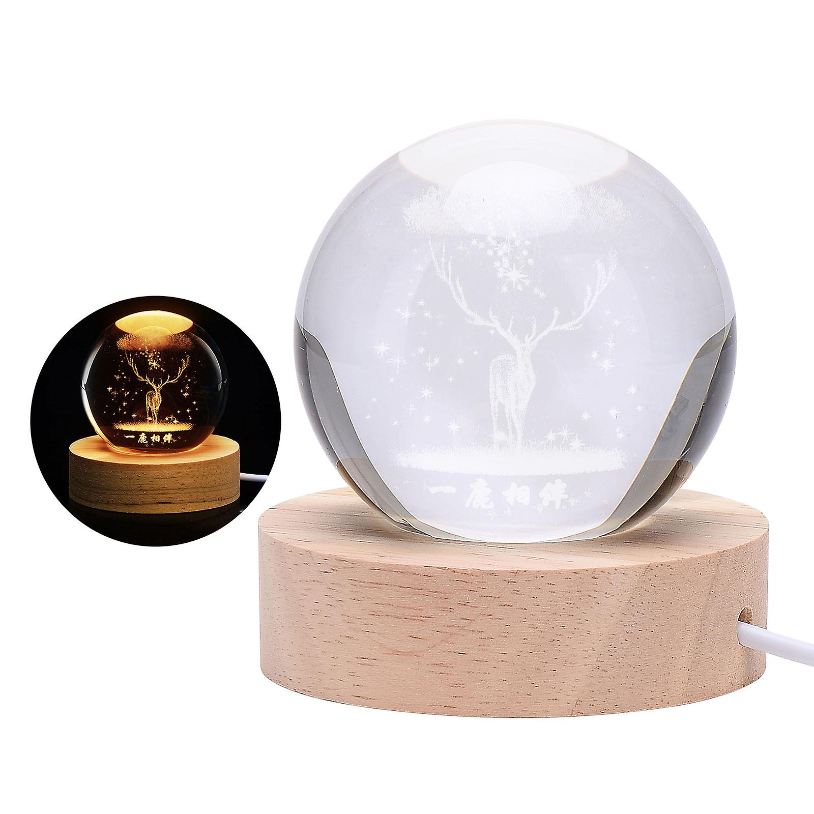 Crystal Globe Light 3D Engraved Glowing Crystal Ball Night Light Romantic Ambient Lamp with Wooden Base