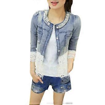 A4 Fashion Vrouwen Casual Lace Half Mouw Denim Jas Lange Jean Jas Bead Outwear Overjas