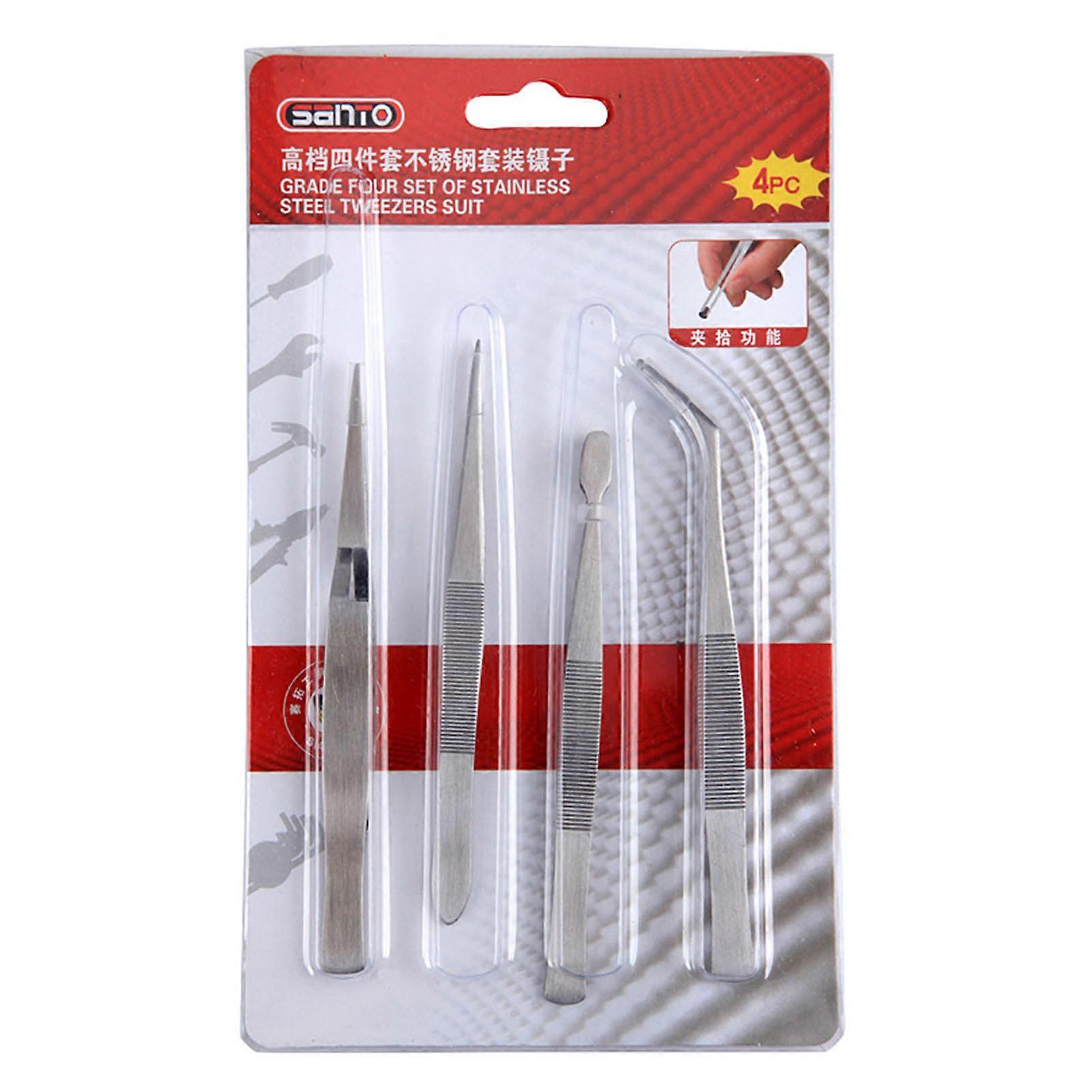 4個のステンレス鋼メンテナンスピンセット実用的で堅牢で正確な尖った湾曲したフラットピンセットキット1383