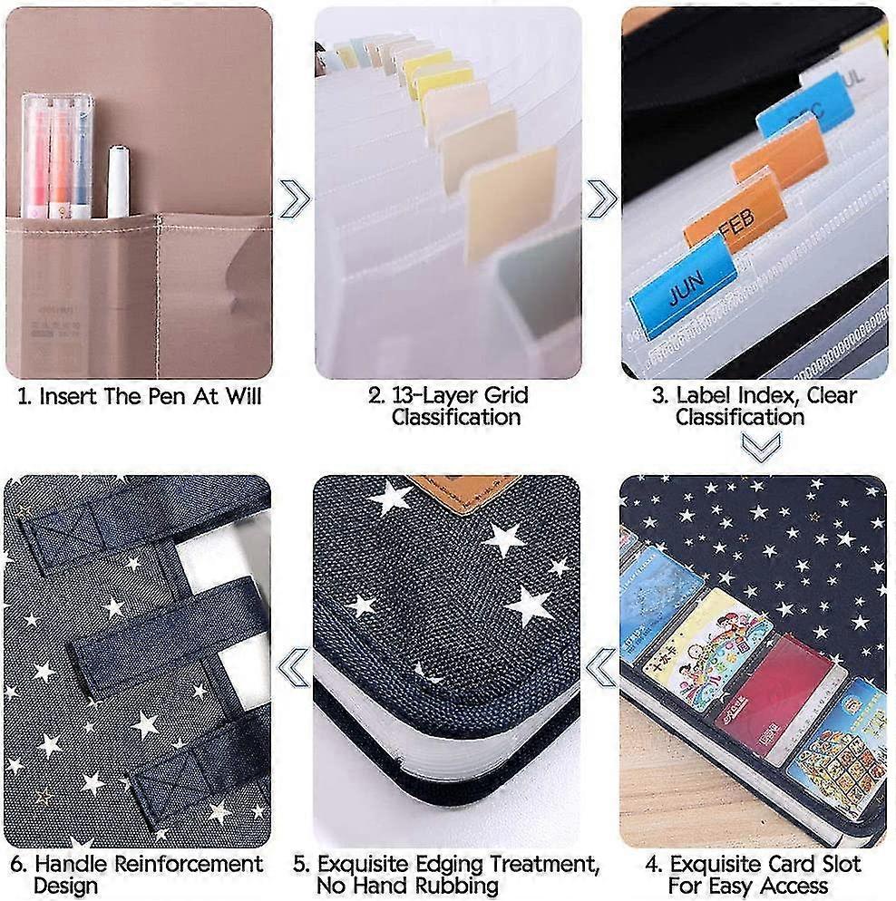 Expandable 13 Compartment A4 Document Sorter, Oxford Document Holder, Star-shaped Accordion File-blue