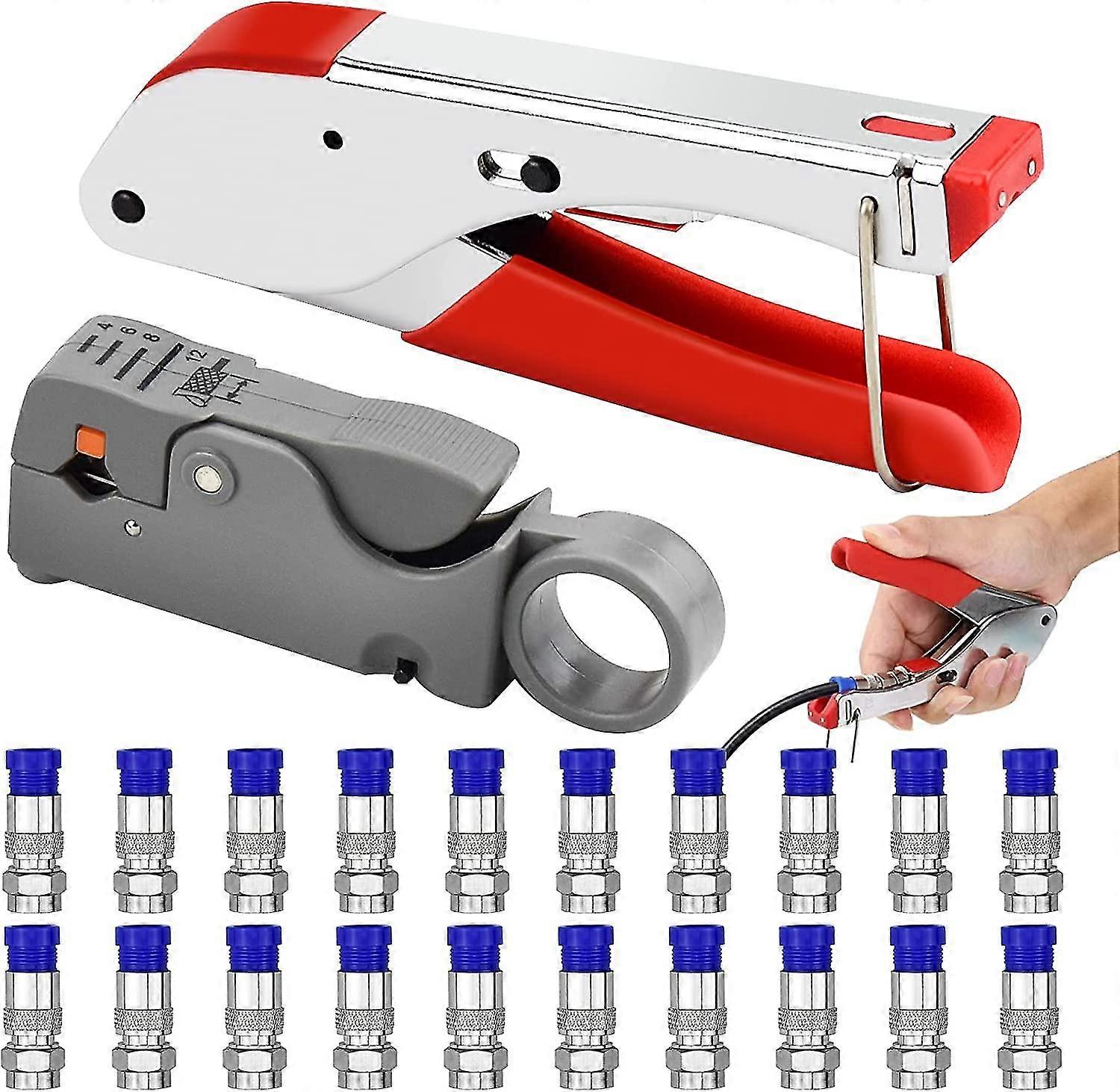 Crimping Pliers Set,cable Stripper,crimper Pliers With 20 F Plug Coaxial Cable Compression Tool Kit Rg59 Rg6 Double Blade Crimper Pliers Wires Crimpin