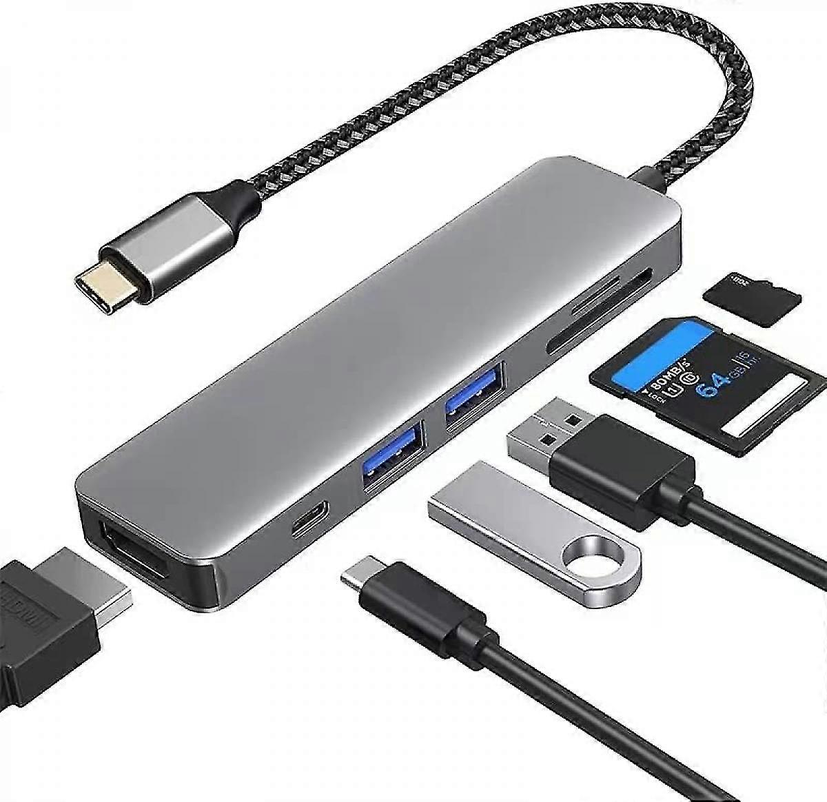 6 en 1 Usb C Hub Multiport Adaptateurs, mac Dongle avec 4k Hdmi, 100w Charge rapide, Usb-c et 3 Usb-a 5gbps Port de données, Usb 2.0