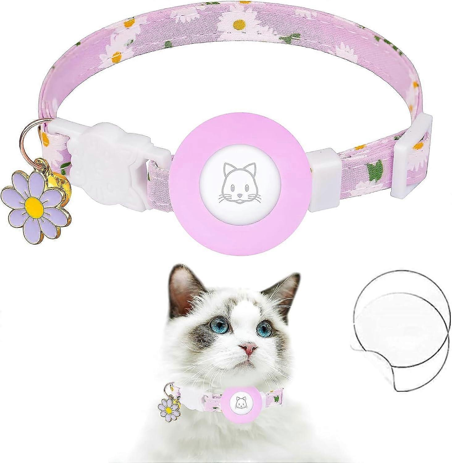 Airtag Cat Collar - Kitten Collar with Silicone Support - Lightweight - GPS Tracker - with Bells and Flower Charm- Purple
