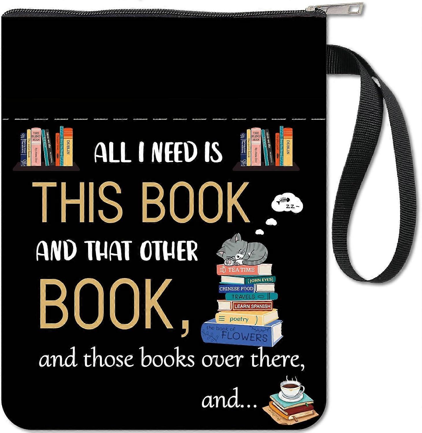 书套猫书保护器文字平装书黑色书封面可水洗织物布书封带拉链和额外袖袋书袋