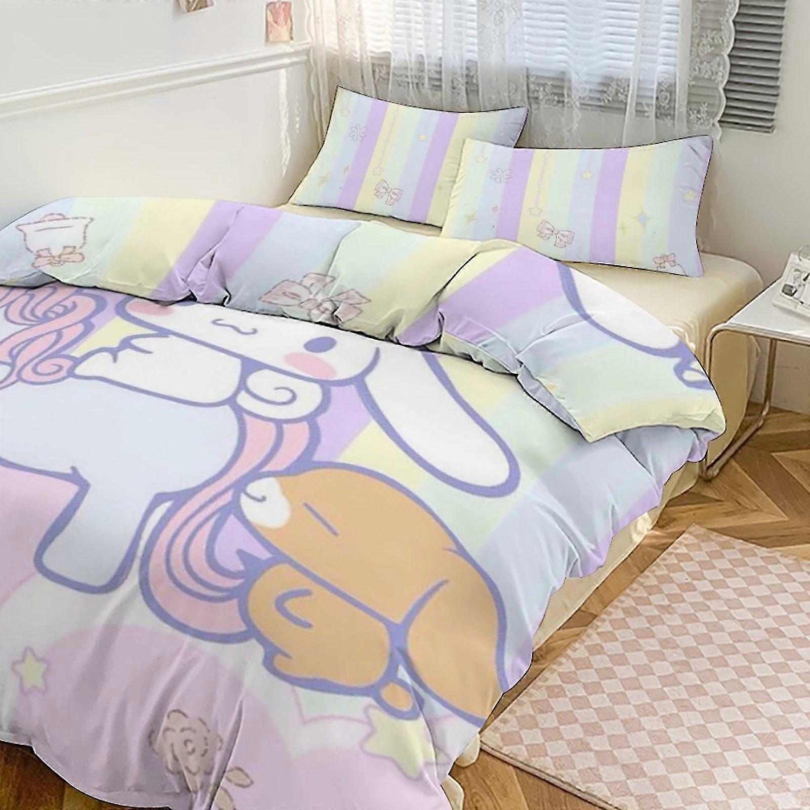 v666 Lençóis Cinnamoroll Bedding Se para Crianças Homens Mulheres Twin Size3s Capa de Edredom e Fronhas- (1 Capa de Edredom e 2 Fronhas) Lençóis 