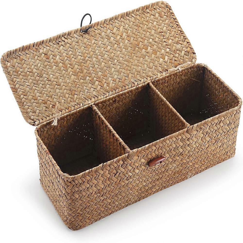 Panier de rangement avec couvercle Paniers à étagères rectangulaires tressés en tresse naturelle avec sections pour l’organisation des jouets de collation
